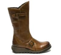 Fly London MES2913 - Women's Wedge Heel Buckle Mid Calf Leather Boots - Camel - UK 5