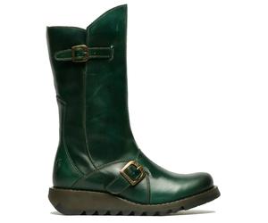 Fly London MES2913 - Women's Wedge Heel Buckle Mid Calf Leather Boots - Green - UK 4
