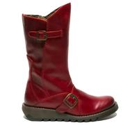Fly London MES2913 - Women's Wedge Heel Buckle Mid Calf Leather Boots - Red - UK 4