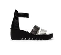 Fly London Women's BONO290FLY Silver Black Idra Leather Sandals Wedges