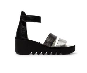 Fly London Women's BONO290FLY Silver Black Idra Leather Sandals Wedges
