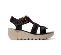 Fly London Women's YUDD236FLY Black Mousse Leather Sandals Platform Wedges