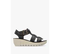 FLY LONDON Yudd Black Leather Wedge Sandals Size: 39, Colour: Black Le