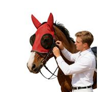 Fly Mask Horse with Ears and Scoop Hole, Breathable Elastic Mesh with UV Protection, Lightweight Insect Protection, Horse Mask for Pasture and Stable, Suitable for Pony Cob and Thoroughbred (Red_A)