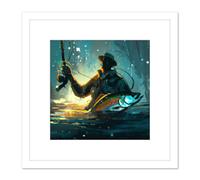 Fly Rod Fishing Fisherman in Water With Large Fish Abstract Painting Square Wooden Framed Wall Art Print Picture 8X8 Inch Artery8 White One Size