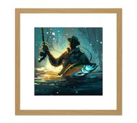 Fly Rod Fishing Fisherman in Water With Large Fish Abstract Painting Square Wooden Framed Wall Art Print Picture 8X8 Inch Artery8 Light Oak One Size