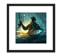 Fly Rod Fishing Fisherman in Water With Large Fish Abstract Painting Square Wooden Framed Wall Art Print Picture 8X8 Inch Artery8 Black One Size