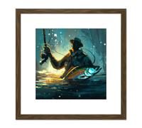 Fly Rod Fishing Fisherman in Water With Large Fish Abstract Painting Square Wooden Framed Wall Art Print Picture 8X8 Inch Artery8 Brown One Size