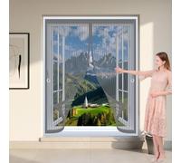 Fly Screen Curtain 130 x 100 cm with Powerful Magnets & Full Frame Magic Tape, Keep Bugs Out & Lets Fresh Air in Fly Insect Screen Mesh Curtain for All Types of Windows, Grey