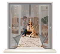 Fly Screen Curtain 144 x 104 cm with Powerful Magnets & Full Frame Magic Tape No Gap, Lets Fresh Air in, Keep Bugs Out Flyscreen French Curtain for All Types of Windows, Grey