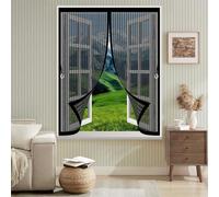 Fly Screen Curtain 155 x 160 cm with Powerful Magnets & Full Frame Magic Tape No Gap, Lets Fresh Air in, Keep Bugs Out Duty Fly Screen Curtain for All Types of Windows, Black