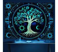FLY SPRAY Wandteppich für Schlafzimmer, ästhetisches Schwarzlicht, Baum des Lebens, UV-reaktiv, Trippy Tapestry, bunte Wandteppich, Hippie, Sonne, Mond, Stern, lebendige Natur, Zuhause Poster