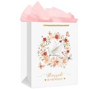 FLYAB White Dove Gift Bags Medium Size Christian Gift Bags with Pink Tissue Paper 9x5x11.4 Blessed Beyond Measure Gifts Bags for First Communion Baby Shower Birthday Christening Religious Gifts