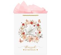 FLYAB White Dove Gift Bags Medium Size Christian Gift Bags with Pink Tissue Paper 9x5x11.4 Blessed Beyond Measure Gifts Bags for First Communion Baby Shower Birthday Christening Religious Gifts