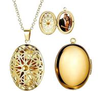 FLYANRUI Personalized Photo Locket Necklace, 18K Gold Platinum Finish, 20-Inch Chain, Custom Picture Lockets, Gifts for Women, Mother's Day, Birthday, Anniversary（Gold -Oval-hollowed out）