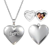 FLYANRUI Personalized Photo Locket Necklace, 18K Gold Platinum Finish, 20-Inch Chain, Custom Picture Lockets, Gifts for Women, Mother's Day, Birthday, Anniversary（Platinum Heart-Love）