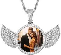 FLYANRUI Personalized Photo Necklace, Custom Disc & Heart Pendant with Chain for Men Women Dad Mom, Memorial Gifts for Mother's Day Birthday Anniversary（Zircon-Wings-Silver