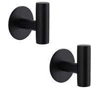 Flybath Adhesive Towel Hooks for Hanging SUS 304 Stainless Steel Coat Clothes Robe Sticky Hook for Bathroom Kitchen No Drilling Round Door Wall Hooks Matt Black, Pack of 2