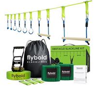 flybold Obstacle Course for Kids | Ninja Warrior Slackline kit with 8 Adjustable Obstacles | Twin Gear Ratchet for Extra Safety | Great Slack line Training Equipment | 40 ft