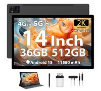 FLYCOAY 14 Inch Tablet Android 15 Gaming Tablet 36GB+512GB/TF 2TB, Octa-Core, 11580mAh, 4-speaker, 13MP Camera, Large Screen with Dual SIM 4G LTE/5G WiFi/GPS/13MP/Case/Stylus/Earphone-Black