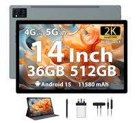FLYCOAY 14 Inch Tablet Android 15 Gaming Tablet 36GB+512GB/TF 2TB, Octa-Core, 11580mAh, 4-speaker, 13MP Camera, Large Screen with Dual SIM 4G LTE/5G WiFi/GPS/13MP/Case/Stylus/Earphone-Gray
