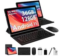 FLYCOAY Tablet 10 Inch Android 15, 5G WIFI 6, 36GB RAM+128GB ROM (TF 1TB), Widevine L1, 8000mAh, Dual Camera, BT5.0,Type C, Tablet with Keyboard, Mouse, Case, Pen-Black