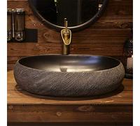 FLYFO Creative Countertop Washbasin Chinese Ceramic Art Sink Oval Retro Household Bathroom Wash Basin Pattern Splash-proof Large Space 60cm