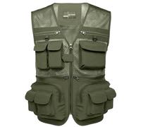 Flygo Men's Fishing Vest Utility Lightweight Outdoor Travel Safari Photo Cargo Vest with 16 Pockets, Army Green-mesh, XL