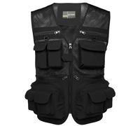 Flygo Men's Fishing Vest Utility Lightweight Outdoor Travel Safari Photo Cargo Vest with 16 Pockets, Black-mesh, M
