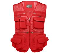 Flygo Men's Fishing Vest Utility Lightweight Outdoor Travel Safari Photo Cargo Vest with 16 Pockets, Red-mesh, XL