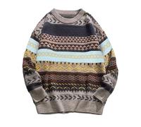 Flygo Men's Vintage Grandpa Sweater Crewneck Oversized Striped Aztec Cable Knit Pullover Unisex Jumper Tops
