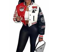 Flygo Women's Cropped Varsity Jacket Baseball Jacket Colorblock Letter Print Y2k Button Down Bomber Uniform, Red, L
