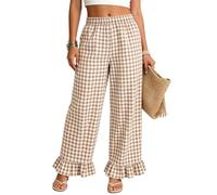 Flygo Women's Gingham Pants Y2K Cotton Wide Leg Ruffle Hem Lounge Pants Plaid Elastic Waisted Trouser with Pockets, Brown, Medium