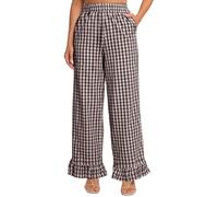 Flygo Women's Gingham Pants Y2K Cotton Wide Leg Ruffle Hem Lounge Pants Plaid Elastic Wasited Trouser with Pockets, Coffee, Medium