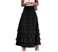 Flygo Women's Long Maxi Tulle Skirts A Line Ruffle High Waisted Tiered Layered Mesh Tutu Skirt Petticoat, Black, S