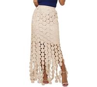 Flygo Womens Maxi Skirt 2025 Summer Boho Hollow Out Fringe Hem High Waisted Lace Long Skirts for Party Wedding Beach, Apricot, Large