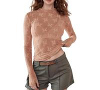 Flygo Womens See Through Floral Lace Layering Top Shirt Blouse Mock Neck Sheer Long Sleeve Mesh Tops, Light Khaki, M