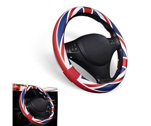 Flygun 1 PC Car Steering Wheel Cover, 38cm British Flag Design Breathable Leather Rubber Inner Ring Steering Wheel Cover, Personalized Modification Accessories, Suitable for Most Models (Red & Blue)