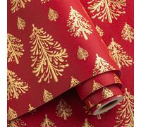 Flyhill Kraft Christmas Wrapping Paper-17inch*32.8ft（46.8sq.ft.ttl Per Roll- Red and Gold 3D Embossed Foil Christmas Trees Design for New Year,Birthday,Party,Craft & Art
