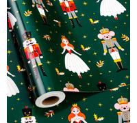 Flyhill Reversible Christmas Wrapping Paper Roll-17 Inch X 33 Feet - Metallic Foil Shiny Green Nutcracker,Mouse King,Ballerina Design with Snowflake for Chrsitmas, Holiday, Party,Celebration
