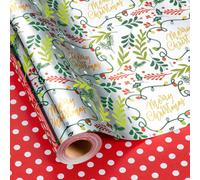 Flyhill Reversible Christmas Wrapping Paper Roll-17 Inch X 33 Feet -Silver Metallic Foil Holly Berries,Merry Christmas,Red Polka Dot wrap paper for Chrsitmas, Holiday, Party,Celebration