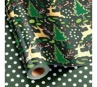 Flyhill Reversible Christmas Wrapping Paper Roll-Metallic Gold Foil Elk & Tree & Holly Berries with Polka Dot for Birthday,Holiday-17in X 33ft Per Roll