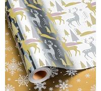 Flyhill Reversible Silver Christmas Wrapping Paper Roll-17 Inch X 33 Feet -Metallic Gold Foil Elk and Christmas Trees with Gold Snowflake Wrap Paper for Chrsitmas, Holiday, Party,Celebration