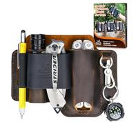 FLYHOMES Genuine Leather Multitool Sheath | Handmade Stitched Belt Organizer for Leatherman Surge | Holds Bit Driver Extender | Flashlight Holster, Pen & EDC Tools Pouch | Dark Brown + Black