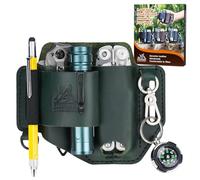 FLYHOMES Genuine Leather Multitool Sheath | Handmade Stitched EDC Belt Organizer for Leatherman Surge | Flashlight, Knife Holster, Pen & Tools Pouch | Dark Green (Large)