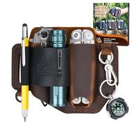 FLYHOMES Genuine Leather Multitool Sheath | Handmade Stitched EDC Belt Organizer for Leatherman Surge | Flashlight, Knife Holster, Pen & Tools Pouch | Dark Brown + Black (Large)
