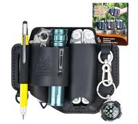 FLYHOMES Genuine Leather Multitool Sheath | Handmade Stitched EDC Belt Organizer for Leatherman Surge | Flashlight, Knife Holster, Pen & Tools Pouch | Black (Large)