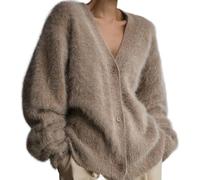 Flyhug Women's Fuzzy Mohair Sweater Button Down V Neck Long Sleeve Knit Tops Casual Lightweight Cardigan Jackets (1,L)
