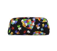FLYIFE Autism Awareness Puzzle Pieces Heart Printed Leather Pencil Case for Girls Boys - Gold Zipper Pencil Bag Pen Pouch Cosmetic Organizer Bag for School Office Travel