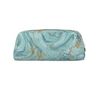 FLYIFE Azurite Teal and Foil Gold Oil Marble Pattern Printed Leather Pencil Case for Girls Boys - Gold Zipper Pencil Bag Pen Pouch Cosmetic Organizer Bag for School Office Travel